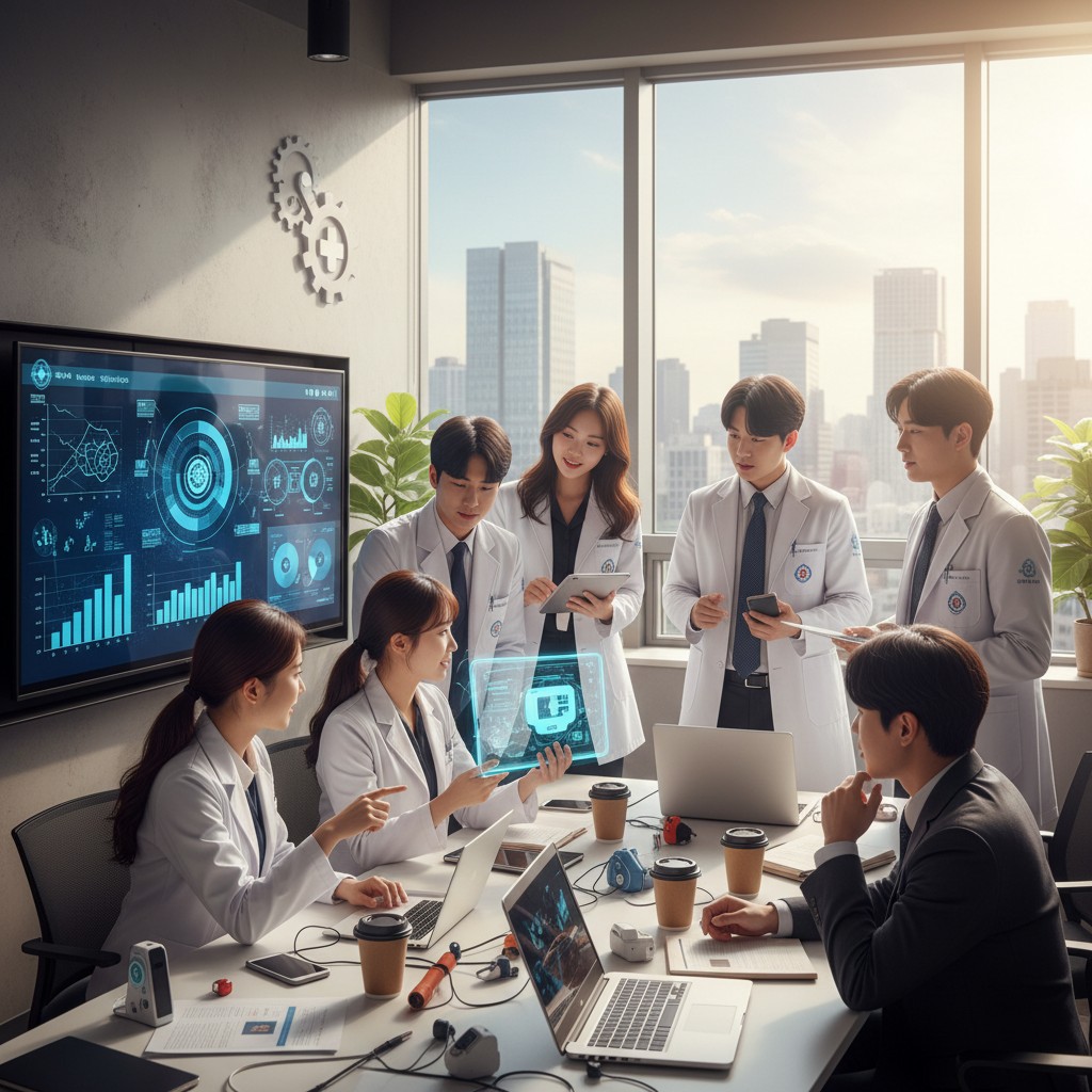 An office of medical professionals working with technology, featuring a large screen displaying computer graphics and a bu...